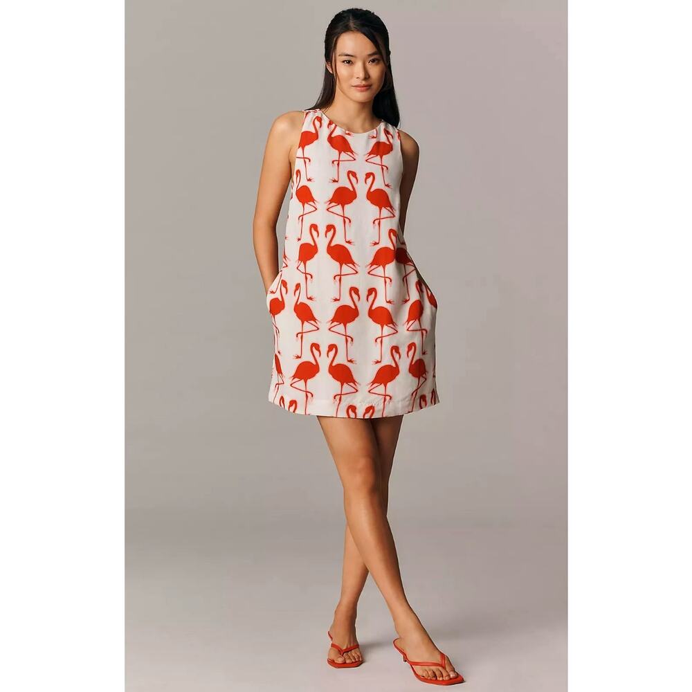 Anthropologie Maeve Sleeveless Linen Blend Flamingo Shift Mini Dress L NWT $148